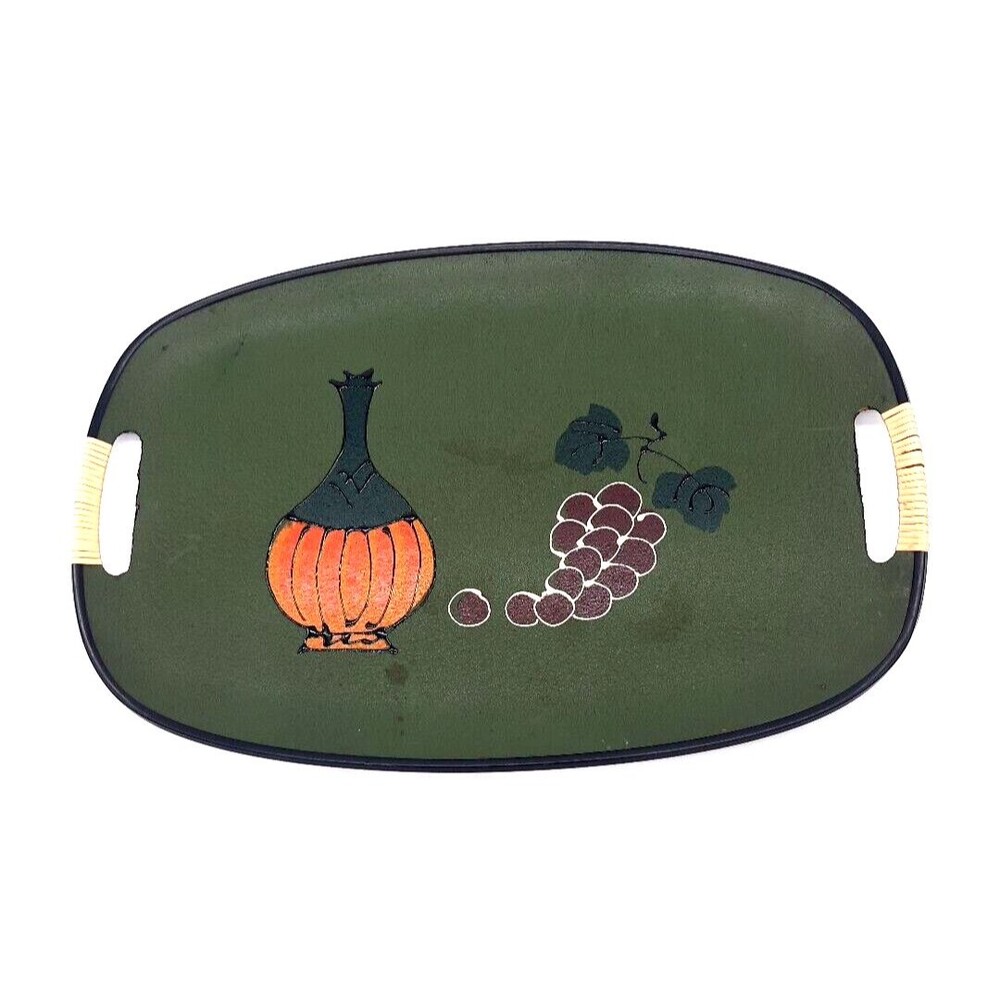 Vtg 1960s MCM Hand Painted Wine Flask & Grapes Pattern Serving Tray Retro Japan